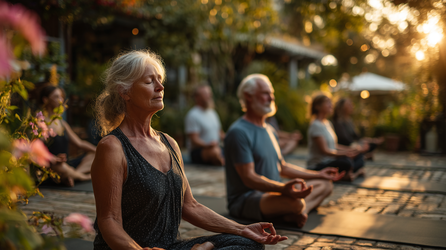 Група людей старшого віку виконують йогу на природі